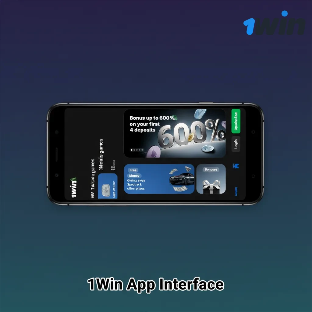 1Win app showing bottom navigation bar with sports betting, live casino, and slots options in a clean layout