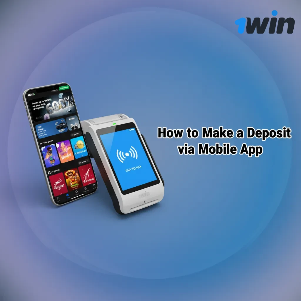 Step-by-step guide showing how to deposit funds into 1Win account using mobile app with payment options and confirmation.