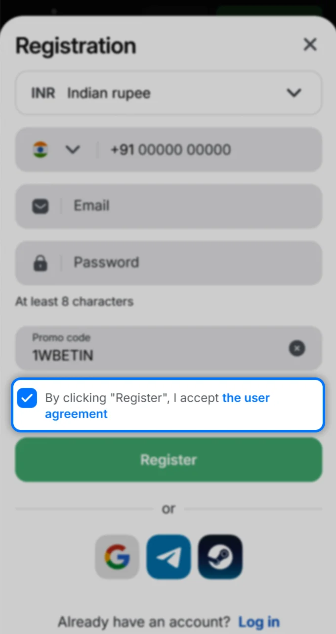 Accept the User Agreement by checking the box before completing your registration on 1Win.