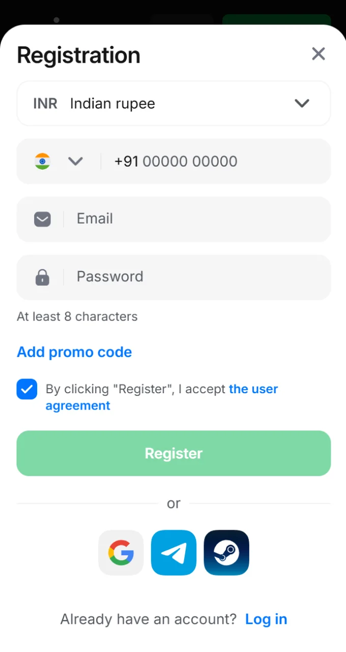 Select your preferred registration method and currency to create a 1Win account.