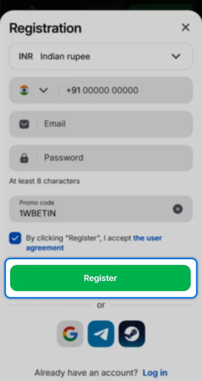 Click the green Register button to complete the creation of your new 1Win account and start playing.